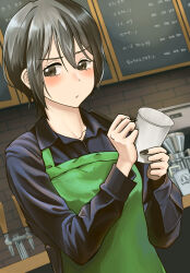 Rule 34 | 1girl, apron, black hair, black shirt, brown eyes, collared shirt, commentary, cup, disposable cup, echo-kilo, green apron, highres, holding, holding cup, holding pen, inuzuka miwa, looking at viewer, pen, shirt, short hair, solo, tsukiatte agetemo ii kana, upper body