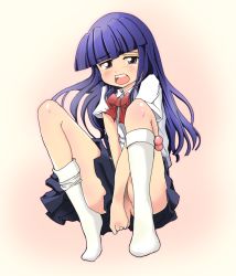 Rule 34 | 1girl, aki pon, blue hair, bow, covering privates, embarrassed, female focus, furude rika, higurashi no naku koro ni, hime cut, long hair, nanatsubo (lipton), open mouth, purple eyes, school uniform, simple background, sitting, skirt, socks, solo