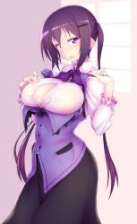 Rule 34 | 1girl, aged up, alternate breast size, black skirt, bow, bowtie, breast suppress, breasts, bursting breasts, collared shirt, dress shirt, eyebrows, frilled sleeves, frills, gochuumon wa usagi desu ka?, hair ornament, hairclip, head tilt, highres, kagami uekusa, large breasts, long hair, long skirt, long sleeves, looking at viewer, parted lips, partially unbuttoned, purple bow, purple bowtie, purple eyes, purple hair, rabbit house uniform, revision, shirt, skirt, solo, sweatdrop, tedeza rize, twintails, unbuttoned, very long hair, waitress, white shirt, wing collar