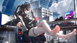 Rule 34 | 1girl, absurdres, artist name, barefoot, black hair, black hoodie, black jacket, black shorts, can, chair, feet up, gaming chair, headphones, highres, holding, holding can, hood, hoodie, indoors, jacket, long hair, looking at viewer, lucia: plume (punishing: gray raven), lucia (punishing: gray raven), monitor, multicolored hair, punishing: gray raven, red eyes, red hair, scenery, seymour (sai lu er), shorts, sitting, solo, swivel chair, thigh strap, twintails, two-tone hair, window