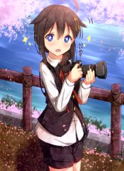 Rule 34 | 10s, 1girl, adapted costume, black hair, blue eyes, braid, camera, cherry blossoms, cuon (kuon), hair over shoulder, kantai collection, long hair, petals, shigure (kancolle), single braid, smile, solo, sparkling eyes, vest