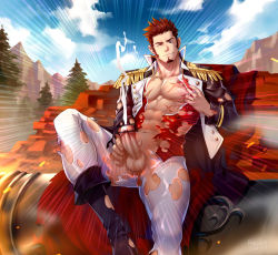 Rule 34 | 1boy, abs, bar censor, bara, blue eyes, boots, brown hair, cape, censored, chrisanother, clothes pull, cross scar, cum, ejaculation, epaulettes, erection, facial hair, fate/grand order, fate (series), feet out of frame, goatee, huge weapon, jacket, jacket pull, leaning back, long sideburns, long sleeves, male focus, male masturbation, masturbation, military, military uniform, mosaic censoring, muscular, napoleon bonaparte (fate), nipples, one eye closed, open clothes, paid reward available, pants, pectorals, penis, red cape, scar, scar on chest, shirt, shirt pull, short hair, sideburns, smile, solo, tight clothes, torn clothes, torn pants, torn shirt, uniform, weapon