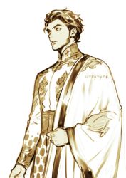 Rule 34 | 1boy, claude von riegan, clothing request, facial hair, fire emblem, fire emblem: three houses, long sleeves, male focus, monochrome, nintendo, onegingek, parted lips, signature, simple background, sketch, solo, upper body, wide sleeves