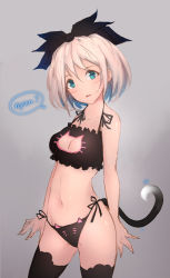 Rule 34 | 1girl, ?, alternate costume, arms at sides, bad id, bad pixiv id, bell, black bow, black panties, black thighhighs, blue eyes, bow, breasts, cat cutout, cat ear panties, cat lingerie, cat tail, choker, cleavage cutout, clothing cutout, cowboy shot, grey background, hair bow, head tilt, jingle bell, looking at viewer, meme attire, motion lines, navel, neck bell, nyan, original, panties, rorona s., short hair, side-tie panties, simple background, sketch, solo, speech bubble, stomach, tail, thighhighs, underwear, underwear only, whiskers