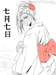 Rule 34 | 1girl, artist request, bad drawr id, bad id, bow, character request, copyright request, flower, hair bun, hair flower, hair ornament, japanese clothes, kimono, looking at viewer, looking back, medium hair, monochrome, oekaki, red bow, red flower, red rose, rose, sitting, sketch, smile, solo, spot color