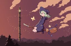 Rule 34 | 1girl, broom, broom riding, diana cavendish, fireflies, flying, forest, highres, imjayu, little witch academia, nature, night, night sky, sky, solo, tower