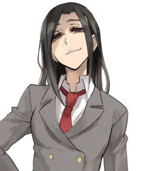 Rule 34 | 10s, 1girl, black hair, brown eyes, jonasan, long hair, looking at viewer, necktie, parted lips, pepe (jonasan), selector wixoss, simple background, smile, smug, solo, troll face, urazoe iona, white background, wixoss