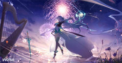 Rule 34 | 1girl, absurdres, barefoot, black hairband, black jacket, blue pupils, bow, chinese commentary, collared shirt, commentary request, cropped jacket, dancing, firefly (honkai: star rail), fireworks, flower, grey hair, hair between eyes, hair ribbon, hairband, harp, highres, holding, holding fireworks, honkai: star rail, honkai (series), instrument, jacket, long hair, looking at viewer, neckerchief, orange neckerchief, planted, planted sword, planted weapon, revision, ribbon, shirt, solo, sparkler, sword, thighhighs, two-sided fabric, two-sided jacket, two-tone eyes, v-von, weapon, white bow, white shirt, wide shot