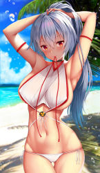 Rule 34 | 1girl, armpits, arms behind head, arms up, bare shoulders, beach, bikini, blue sky, blush, breasts, closed mouth, commission, day, fate/grand order, fate (series), hair between eyes, highres, large breasts, long hair, looking at viewer, navel, palm tree, ponytail, red eyes, silver hair, skeb commission, sky, smile, solo, swimsuit, thighs, tomoe gozen (fate), tree, tying hair, zukky