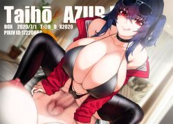 Rule 34 | 2girls, azur lane, bare shoulders, bikini, black bikini, black choker, black legwear, blurry, blurry background, breasts, censored, choker, collarbone, commentary request, cowgirl position, crossed bangs, curtains, eyewear on head, female pov, futanari, futanari pov, girl on top, halterneck, highleg, highleg bikini, highres, huge breasts, imminent penetration, indoors, jacket, licking lips, lying, mosaic censoring, multi-strapped bikini bottom, multiple girls, multiple straps, nipples, off shoulder, official alternate costume, on back, one side up, penis, plant, pov, race queen, red eyes, red jacket, sidelocks, solo focus, spread legs, straddling, sunglasses, sunglasses on head, swimsuit, taihou (azur lane), taihou (enraptured companion) (azur lane), thigh strap, tongue, tongue out, xiangzi box