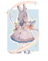 Rule 34 | 1girl, animal ear fluff, animal ears, arms behind back, beads, blue background, blue bow, blue dress, border, bow, braid, dress, frilled dress, frills, full body, furry, furry female, grey eyes, hair beads, hair bow, hair ornament, highres, koubayouniao, long sleeves, looking at viewer, medium hair, original, outline, outside border, plant, puffy long sleeves, puffy sleeves, rabbit ears, rabbit girl, ribbon, sample watermark, side braid, sideways glance, solo, standing, star (symbol), two-tone dress, watermark, white border, white dress, white hair, white outline, yellow outline