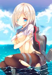 Rule 34 | 10s, 1girl, bad id, bad nicoseiga id, between legs, black pantyhose, blue eyes, blue sky, blush, breast rest, breasts, cloud, cloudy sky, day, eyes visible through hair, gloves, hair ornament, hair over one eye, hairclip, hamakaze (kancolle), hand between legs, kantai collection, large breasts, looking at viewer, machinery, midriff, navel, neckerchief, ocean, p19, panties, panties under pantyhose, pantyhose, partially submerged, pleated skirt, school uniform, serafuku, shirt, short hair, silver hair, sitting, skirt, sky, solo, thigh strap, torn clothes, torn pantyhose, torn shirt, torn skirt, underboob, underwear, water, white panties, yellow neckerchief