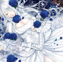 Rule 34 | 1girl, album cover, apt, blue rose, breasts, cleavage, corset, cover, crystal, dress, closed eyes, flower, frills, hair over one eye, juliet sleeves, lace, large breasts, lolita fashion, long hair, long sleeves, original, petals, puffy sleeves, ribbon, rose, silver hair, solo, very long hair, white dress, wide sleeves