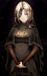 Rule 34 | 1girl, absurdres, artist name, black capelet, black dress, breasts, capelet, closed mouth, dark souls (series), dark souls i, dress, expressionless, eyepatch, fire keeper, grey eyes, highres, jewelry, long sleeves, looking at viewer, medium breasts, medium hair, necklace, own hands together, routing-zhengyi, silver hair, smile, solo, standing, upper body