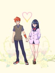Rule 34 | 10s, 1boy, 1girl, black hair, black pants, black skirt, blue eyes, blush, bow, bowtie, breasts, brown footwear, cardigan, collared shirt, commentary request, couple, floral background, flower, gridman universe, heart, hetero, hibiki yuuta, highres, holding hands, long hair, long sleeves, looking at another, medium breasts, miniskirt, necktie, pants, pleated skirt, purple shirt, red bow, red footwear, red hair, red legwear, red neckwear, school uniform, shirt, shoes, short sleeves, skirt, sleeves rolled up, sneakers, socks, ssss.gridman, sweater, takarada rikka, thighs, waistcoat, white cardigan, white sweater, wing collar, zardyui