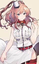 Rule 34 | 1girl, anchor, bad id, bad twitter id, battle effectiveness award, belt, breast pocket, breasts, brown hair, dress, garter straps, hair between eyes, hair ornament, highres, kantai collection, large breasts, neckerchief, pocket, ponko (damachida), ponytail, red belt, red neckerchief, red thighhighs, saratoga (kancolle), side ponytail, sidelocks, smile, smokestack, thighhighs, white dress
