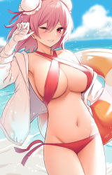 Rule 34 | 1girl, ;d, arm up, bandaged arm, bandaged hand, bandages, bikini, borushichi, breasts, bun cover, cleavage, cowboy shot, criss-cross halter, day, double bun, grin, hair bun, halterneck, highres, ibaraki kasen, innertube, jacket, large breasts, long sleeves, looking at viewer, navel, ocean, one eye closed, open clothes, open jacket, open mouth, outdoors, pink hair, red bikini, red eyes, red ribbon, ribbon, short hair, side-tie bikini bottom, smile, solo, stomach, swim ring, swimsuit, teeth, touhou, water, white jacket