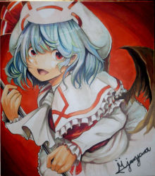 Rule 34 | 1girl, :d, ascot, bat wings, blue hair, capelet, commentary request, cowboy shot, dress, fang, frilled capelet, frilled sleeves, frills, hair between eyes, hat, holding, jonasan (bad-t), long sleeves, looking at viewer, open mouth, red background, red eyes, red vest, remilia scarlet, shikishi, short hair, signature, smile, solo, touhou, traditional media, vest, white ascot, white capelet, white dress, white hat, wings