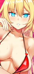Rule 34 | 1girl, akai haato, bikini, bikini top only, blonde hair, blue eyes, blush, breasts, breasts apart, collarbone, hair between eyes, hand up, heart, highres, hololive, large breasts, long hair, looking at viewer, micro bikini, noragami sota, parted lips, red background, red bikini, simple background, solo, sweat, swimsuit, virtual youtuber