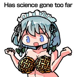 Rule 34 | 1girl, blue eyes, braid, breast padding, breasts, cleavage, commentary, english text, food, food on body, food on breasts, grey hair, hair between eyes, hands up, has science gone too far? (meme), izayoi sakuya, kasuya baian, looking at viewer, maid headdress, medium breasts, meme, nude, open mouth, pie, simple background, solo, touhou, twin braids, upper body, white background