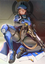Rule 34 | 1girl, ana (overwatch), brown eyes, brown hair, dark-skinned female, dark skin, elbow gloves, facial tattoo, gloves, gun, hat, looking at viewer, military hat, open mouth, overwatch, overwatch 1, rifle, sitting, sniper rifle, solo, spread legs, taesi, tattoo, textless version, weapon, aged down