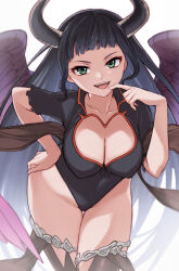 Rule 34 | 1girl, :d, black hair, black leotard, black thighhighs, black wings, breasts, cleavage, cleavage cutout, clothing cutout, collarbone, commentary request, demon horns, ekra, feathered wings, granblue fantasy, green eyes, hand on own hip, highleg, highleg leotard, highres, horns, large breasts, leaning forward, leotard, long hair, looking at viewer, magus (granblue fantasy), open mouth, short bangs, smile, solo, thighhighs, thighs, white background, wings