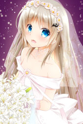 Rule 34 | 1girl, 2021, :d, bare shoulders, bat hair ornament, blue eyes, blush, bouquet, bridal veil, chibinon, collarbone, commentary request, dated commentary, dress, eyelashes, eyes visible through hair, fang, flat chest, flower, flower wreath, hair between eyes, hair ornament, happy birthday, head wreath, highres, holding, holding bouquet, light brown hair, light particles, little busters!, long hair, looking at viewer, noumi kudryavka, open mouth, purple background, sidelocks, simple background, smile, solo, straight hair, strapless, strapless dress, veil, very long hair, wedding dress, white dress, white flower, white lily