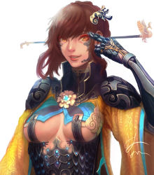 Rule 34 | 1girl, armor, braid, breasts, brown hair, clothing cutout, ewing, flower, gauntlets, hair ornament, hairpin, high collar, highres, korean clothes, looking at viewer, orange eyes, original, salute, shoulder armor, sidelocks, smile, solo, standing, two-finger salute, underboob cutout, upper body, vambraces