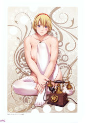 Rule 34 | 10s, 1girl, absurdres, blonde hair, blush, breasts, cross, cross necklace, feet, hairband, highres, jewelry, knees, large breasts, legs, lips, looking at viewer, mamiya marisa, necklace, nipples, nude, phone, purple eyes, sei shoujo, serious, short hair, sitting, solo, starless, thighhighs, thighs, toe-point, toes, white thighhighs