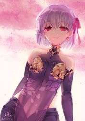 Rule 34 | 1girl, armlet, armor, backlighting, bare shoulders, bikini armor, blush, bracelet, breasts, collar, detached sleeves, dress, earrings, fate/grand order, fate (series), floral print, hair ribbon, jewelry, kama (fate), kama (first ascension) (fate), looking at viewer, metal collar, pelvic curtain, pink ribbon, pink sky, purple dress, purple sleeves, red eyes, revision, ribbon, sanom, short hair, silver hair, sky, small breasts, smile, twilight