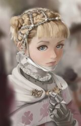 Rule 34 | 1girl, absurdres, armor, berserk, blonde hair, blue eyes, blurry, blurry background, blurry foreground, capelet, commission, dana (ocana dana), farnese (berserk), highres, looking at viewer, solo, twintails, white capelet
