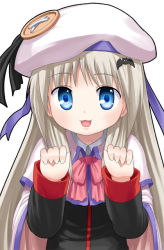 Rule 34 | 1girl, :3, blue eyes, bow, buttons, cape, hat, large buttons, little busters!, long hair, nagian, noumi kudryavka, pink bow, silver hair, solo
