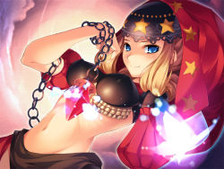 Rule 34 | 1girl, blonde hair, blue eyes, breasts, chain, crystal, covered erect nipples, hood, large breasts, midriff, navel, odin sphere, puff and slash sleeves, puffy sleeves, smile, solo, velvet (odin sphere), yashima takahiro