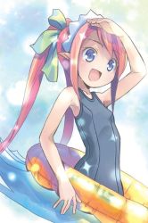 Rule 34 | 1girl, arm up, blue eyes, character request, copyright request, hand on own head, innertube, long hair, maid headdress, one-piece swimsuit, open mouth, outdoors, pink hair, pointy ears, pop (electromagneticwave), ribbon, school swimsuit, smile, solo, swim ring, swimsuit, twintails, upper body, very long hair, wading, water