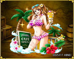 Rule 34 | 1girl, beach, bikini, blush, breasts, brown hair, charlotte pudding, curvy, large breasts, long hair, looking at viewer, official art, one piece, one piece: treasure cruise, open mouth, shiny skin, smile, sweat, swimsuit, thigh strap, thighs, thong bikini, tsundere, twintails, wide hips