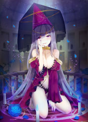 Rule 34 | 1girl, amo (rnrkrn), babydoll, barefoot, between breasts, blue flower, blue rose, blush, breasts, candle, cleavage, collarbone, detached sleeves, dot nose, female focus, fingernails, flower, gold, half-closed eyes, hat, highres, jewelry, kneeling, lace, large breasts, legs apart, long fingernails, long hair, looking at viewer, magic circle, nail polish, naughty face, navel, open mouth, original, panties, petals, purple eyes, purple hair, purple nails, rose, solo, toes, underwear, veil, very long hair, wizard hat