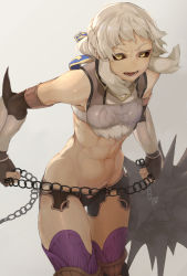 Rule 34 | 1girl, abs, black sclera, chain, colored sclera, fate/grand order, fate (series), female focus, fingerless gloves, flail, gloves, midriff, mirukia, morning star, muscular, navel, open mouth, penthesilea (fate), solo, thigh gap, thighs, weapon, white hair, yellow eyes