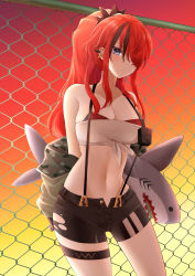 Rule 34 | 1girl, absurdres, bandeau, bare shoulders, black hair, breasts, chain-link fence, commentary request, fence, hair over one eye, highres, holding, holding stuffed toy, konparu uran, lain paterson, lain paterson (1st costume), large breasts, long hair, looking at viewer, midriff, navel, nijisanji, off shoulder, open fly, outdoors, ponytail, pouch, purple eyes, red hair, short shorts, shorts, solo, stomach, strapless, stuffed animal, stuffed shark, stuffed toy, suspenders, thigh strap, thighs, tube top, virtual youtuber