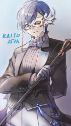 Rule 34 | 1boy, anniversary, arm behind back, black jacket, blue eyes, blue hair, bow, bowtie, cane, character name, clothes writing, commentary, daidou (demitasse), eye mask, feathers, formal, gloves, highres, holding, holding cane, jacket, kaito (vocaloid), light smile, looking at viewer, male focus, miku symphony (vocaloid), one eye closed, shirt, solo, standing, suit, suit jacket, tassel, upper body, vocaloid, white bow, white bowtie, white gloves, white shirt