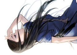 Rule 34 | 1girl, arm at side, arm up, black hair, blue eyes, blue jacket, cowboy shot, eyelashes, floating hair, from side, half-closed eyes, hand on own forehead, highres, jacket, long hair, looking away, open clothes, open jacket, parted bangs, parted lips, profile, shirt, short sleeves, shoujo kageki revue starlight, simple background, solo, tareko, very long hair, white background, white shirt, yakumo kyouko