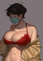 Rule 34 | 1girl, bad id, bad twitter id, black hair, blue eyes, blush, bra, breasts, chromatic aberration, cleavage, coat, commentary, covered mouth, curvy, embarrassed, english commentary, highres, lace, lace bra, large breasts, lingerie, mask, mole, mole under eye, mouth mask, navel, nia (nia4294), off-shoulder coat, off shoulder, original, out-of-frame censoring, red bra, short hair, sinta (nia), sleeves past wrists, solo, surgical mask, trench coat, underwear