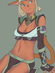 Rule 34 | 1girl, animal ears, black gloves, blonde hair, breasts, cat ears, cat girl, cat tail, cleavage, closed mouth, dark-skinned female, dark skin, elbow gloves, final fantasy, final fantasy xi, fingerless gloves, gloves, grey background, grey eyes, groin, loincloth, looking to the side, medium breasts, mithra (ff11), navel, no eyebrows, short hair, short twintails, simple background, sitting, solo, tail, twintails, yuccoshi
