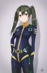 Rule 34 | 1girl, black gloves, blue bodysuit, bodysuit, breasts, breasts apart, closed mouth, cowboy shot, durian12, gloves, green hair, grey background, hair between eyes, hair ribbon, hand on own hip, highres, kantai collection, long hair, looking at viewer, pilot suit, ribbon, shiny clothes, skin tight, small breasts, smile, solo, standing, twintails, white ribbon, yellow eyes, zuikaku (kancolle)