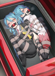 Rule 34 | 2girls, ai the somnium files, arms behind back, ball gag, bdsm, blue hair, bondage, bound, bound together, box, crying, crying with eyes open, gag, gloves, grazelz, heterochromia, highres, in box, in container, long hair, looking at viewer, multiple girls, okiura mizuki, pantyhose, restrained, shibari, tears, tied up (nonsexual)