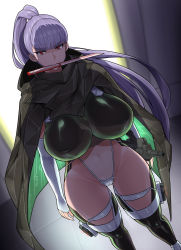 Rule 34 | 1girl, breasts, cameltoe, cape, cleft of venus, covered navel, curvy, elbow sleeve, green thighhighs, gun, high ponytail, highres, huge breasts, knife in mouth, last origin, leotard, long hair, mouth hold, open door, otogi tetsurou, phantom (last origin), poncho, ponytail, purple hair, red eyes, standing, submachine gun, thighhighs, thighs, tile floor, tiles, weapon, wide hips