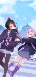 Rule 34 | &gt; &lt;, 2girls, absurdres, ahoge, anger vein, animal ears, bird, black jacket, black neckerchief, black pantyhose, blue archive, blue hoodie, blue sky, blush, building, cat ears, choker, cloud, collarbone, commentary, day, english commentary, facing viewer, full body, grabbing another&#039;s arm, green sailor collar, green skirt, grey serafuku, grey skirt, hair ornament, halo, highres, hood, hood down, hoodie, jacket, kazusa (blue archive), kneehighs, long sleeves, midriff peek, multicolored hair, multiple girls, neckerchief, open clothes, open jacket, open mouth, outdoors, pantyhose, pink eyes, pink hair, pink neckerchief, pink socks, pleated skirt, purple hair, red choker, reisa (blue archive), sailor collar, school uniform, serafuku, shoes, short hair, skirt, sky, sleeves past wrists, smile, socks, standing, star (symbol), star hair ornament, striped clothes, striped socks, stuffed animal, stuffed toy, tamago sando, teeth, twintails, upper teeth only, white skirt