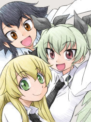 Rule 34 | 10s, anchovy (girls und panzer), black hair, black necktie, black ribbon, blonde hair, braid, brown eyes, carpaccio (girls und panzer), closed mouth, commentary request, coupy pencil (medium), dress shirt, drill hair, girls und panzer, gofu, green eyes, green hair, hair ribbon, long hair, long sleeves, looking at viewer, necktie, open mouth, pepperoni (girls und panzer), portrait, red eyes, ribbon, school uniform, selfie, shirt, short hair, side braid, sketch, smile, traditional media, twin drills, twintails, white shirt