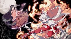 Rule 34 | 2girls, aibivy, bamboo, black footwear, black hair, blouse, bow, branch, clenched hand, fire, flaming hand, frilled sleeves, frills, fujiwara no mokou, full moon, hair bow, hime cut, houraisan kaguya, jeweled branch of hourai, long hair, looking at viewer, mary janes, moon, multi-tied hair, multiple girls, night, ofuda, open mouth, pants, pink shirt, red eyes, red footwear, red pants, red skirt, shirt, footwear bow, shoes, skirt, sky, sleeves past wrists, star (sky), starry sky, suspenders, torn clothes, torn sleeves, touhou, tsurime, very long hair, white hair, white legwear, white shirt, yellow eyes