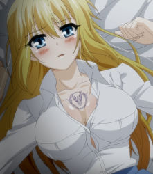 Rule 34 | 10s, 1girl, bed, blonde hair, blue eyes, blush, breasts, buttons, cleavage, collarbone, highres, large breasts, long hair, looking at viewer, lying, pov, screencap, seikoku no dragonar, shiny skin, shirt, silvia lautreamont, solo, tattoo