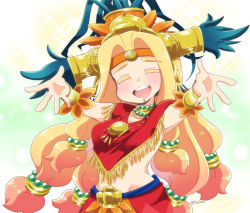 Rule 34 | 1girl, :d, arms up, aztec, bead necklace, beads, blush, breasts, chin piercing, cleavage, collarbone, colored eyelashes, eyebrows, closed eyes, fate/grand order, fate (series), feathers, groin, hair beads, hair intakes, hair ornament, headband, headdress, jewelry, long hair, low-tied long hair, neck ring, necklace, open mouth, outstretched arms, piercing, poncho, quetzalcoatl (fate), smile, solo, sparkle, teeth, tongue, tsukko (3ki2ne10), twitter username, underboob, very long hair